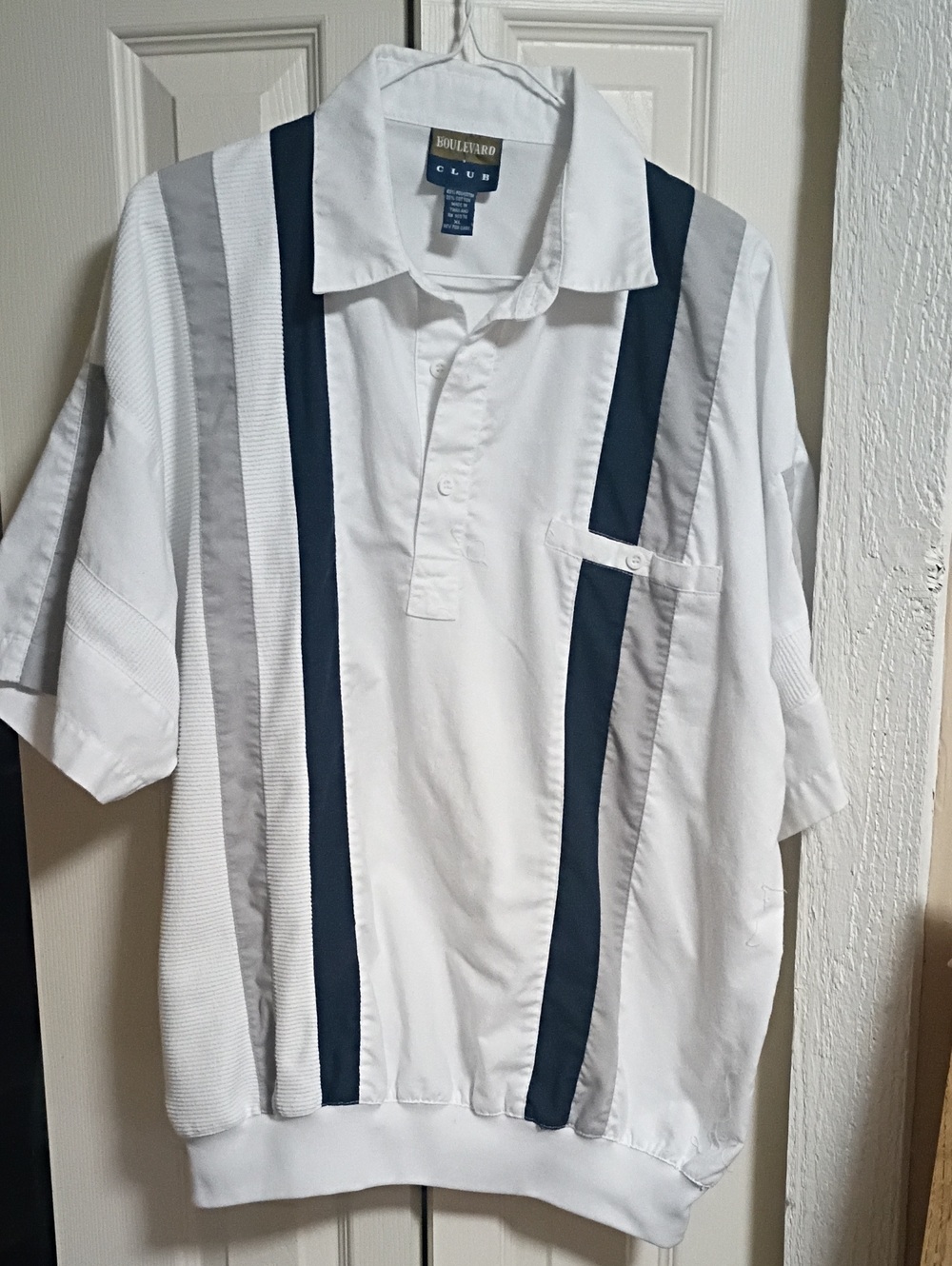 Men's White Polo with Navy and Gray Vertical Stripes